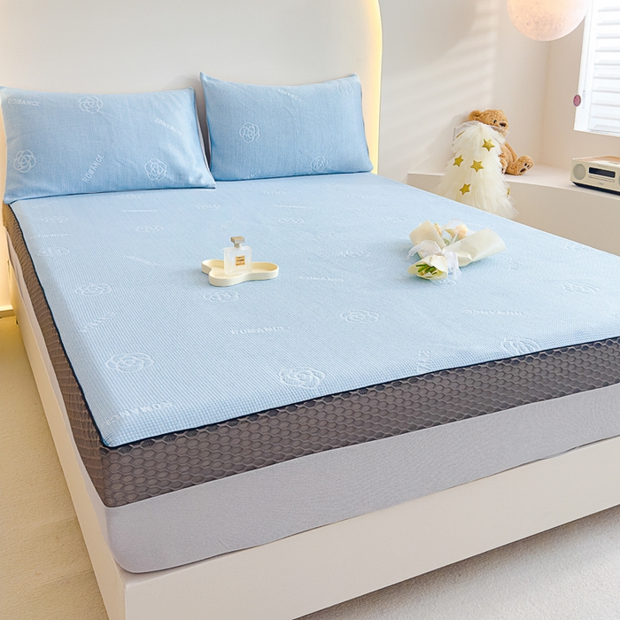 91家纺网 家纺一手货源 找家纺 邦妮家纺 2024新款A类凉感丝床笠凉席床垫30公分内可用 花语-天蓝