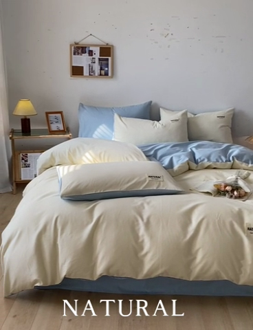 91家纺网 家纺一手货源 找家纺 芊寻家居 2024新款13372全棉纯色四件套无印良品风简约套件 奶白-浅蓝