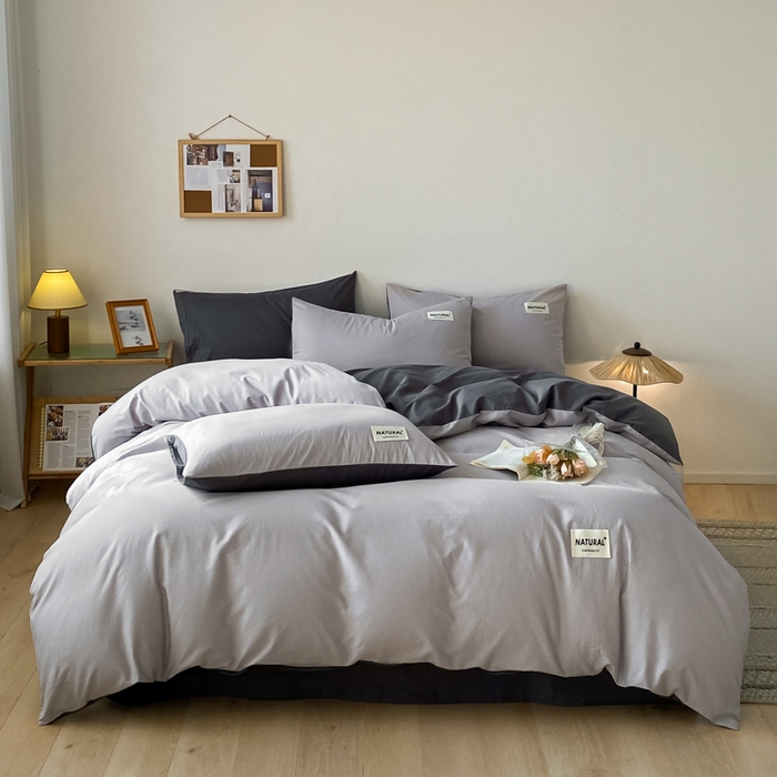 91家纺网 家纺一手货源 找家纺 芊寻家居 2024新款13372全棉纯色四件套无印良品风简约套件 浅灰-深灰