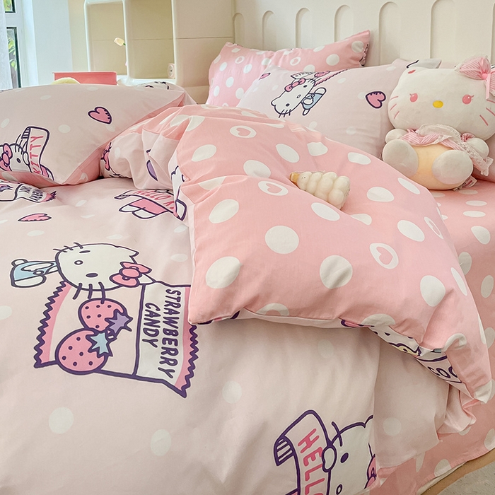 91家纺网 家纺一手货源 找家纺 博雅 2024新款全棉三丽鸥AB版活性印花四件套 游玩kt