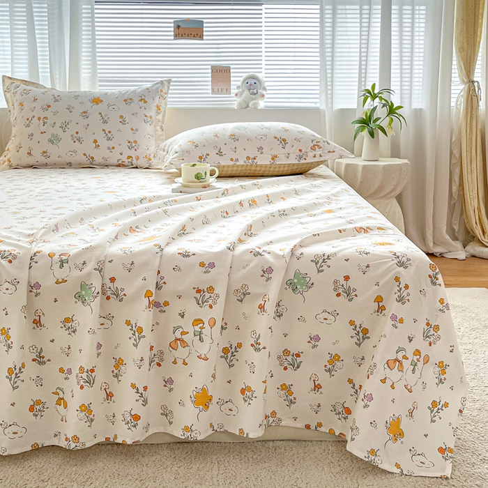 91家纺网 家纺一手货源 找家纺 涵宸家纺 2024新款全棉小清新印花单品套件--单床单 床单-开心鸭