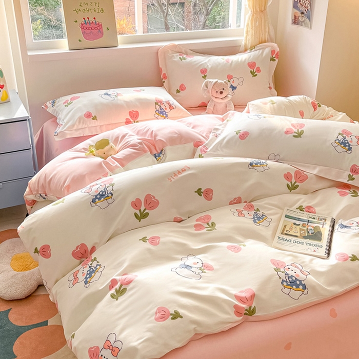 91家纺网 家纺一手货源 找家纺 涵宸家纺 2024新款全棉小清新印花单品套件--单被套 花丛兔