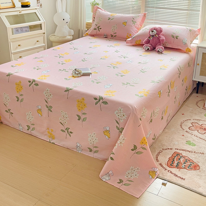 91家纺网 家纺一手货源 找家纺 大柏树 2025新款全棉13376印花四件套系列（可定制）-单床单 小花兔-粉