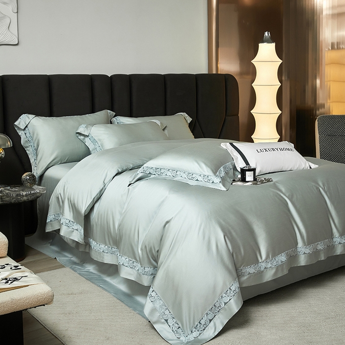 91家纺网 家纺一手货源 找家纺 榻尚家居 2024新款天丝棉法式镂空工艺款四件套--云绡（会员减20） 月光绿