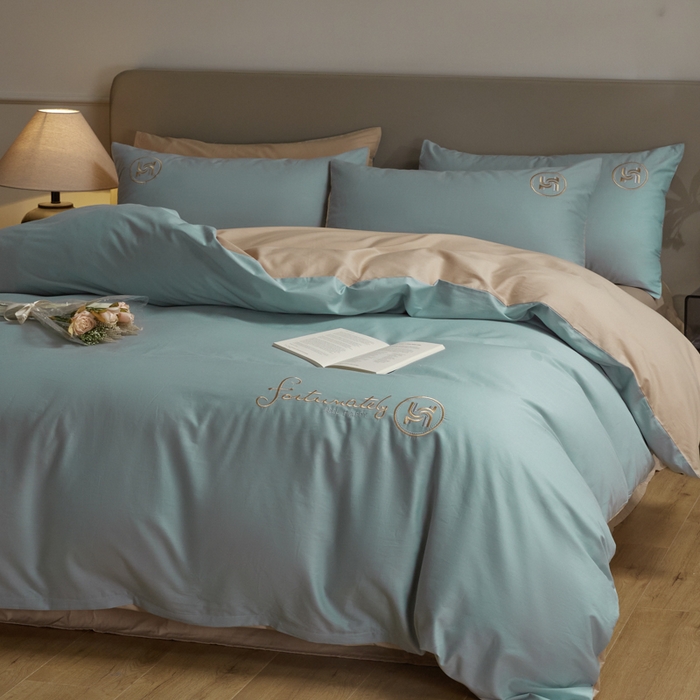 91家纺网 家纺一手货源 找家纺 梵克保罗 2024新款全棉轻奢纯色双拼刺绣四件套 繁星蓝