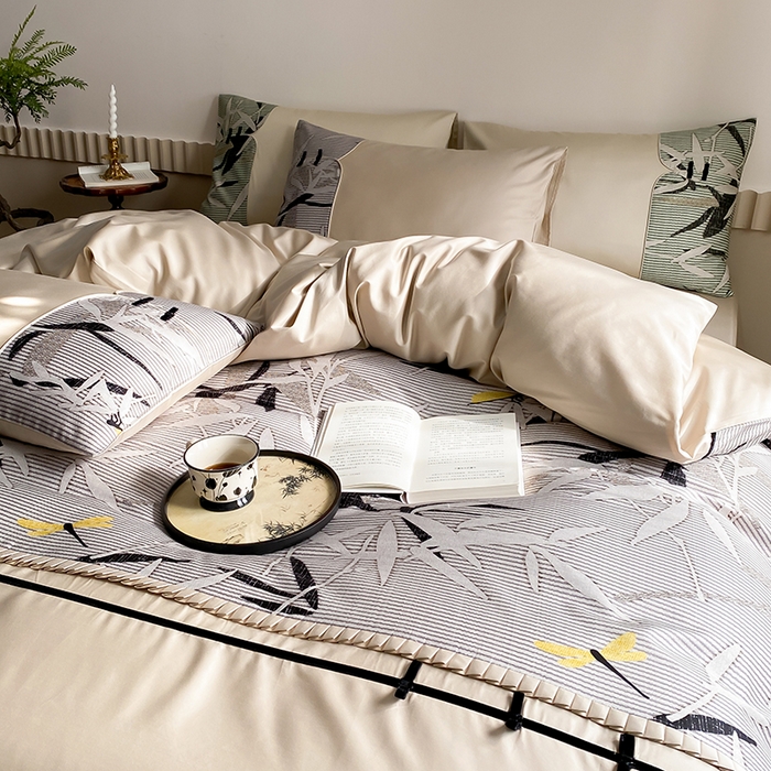 91家纺网 家纺一手货源 找家纺 （总）赫帛 2024新款50s缎纹数码印花长绒棉四件套--竹韵系列