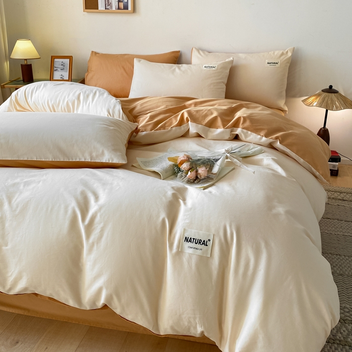 91家纺网 家纺一手货源 找家纺 芊寻家居 2024新款13372全棉纯色四件套无印良品风简约套件 奶白-桔黄