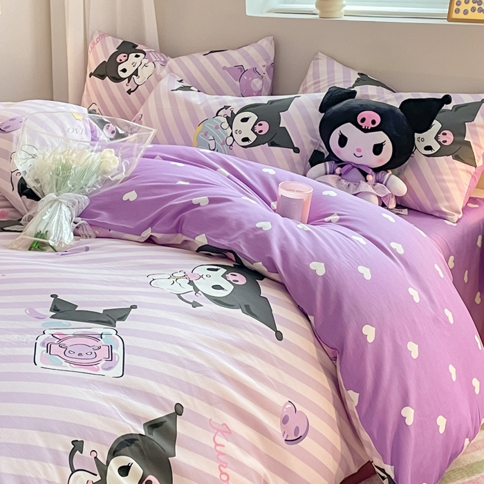 91家纺网 家纺一手货源 找家纺 博雅 2024新款全棉三丽鸥AB版活性印花四件套 条纹库洛米