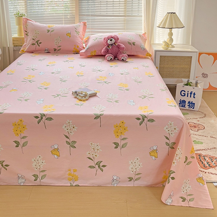 91家纺网 家纺一手货源 找家纺 大柏树 2025新款全棉13376印花四件套系列（可定制）-单床单 小花兔-粉