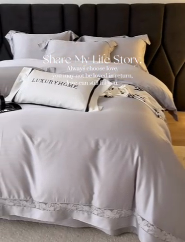 91家纺网 家纺一手货源 找家纺 榻尚家居 2024新款天丝棉法式镂空工艺款四件套--云绡（会员减20） 优雅灰