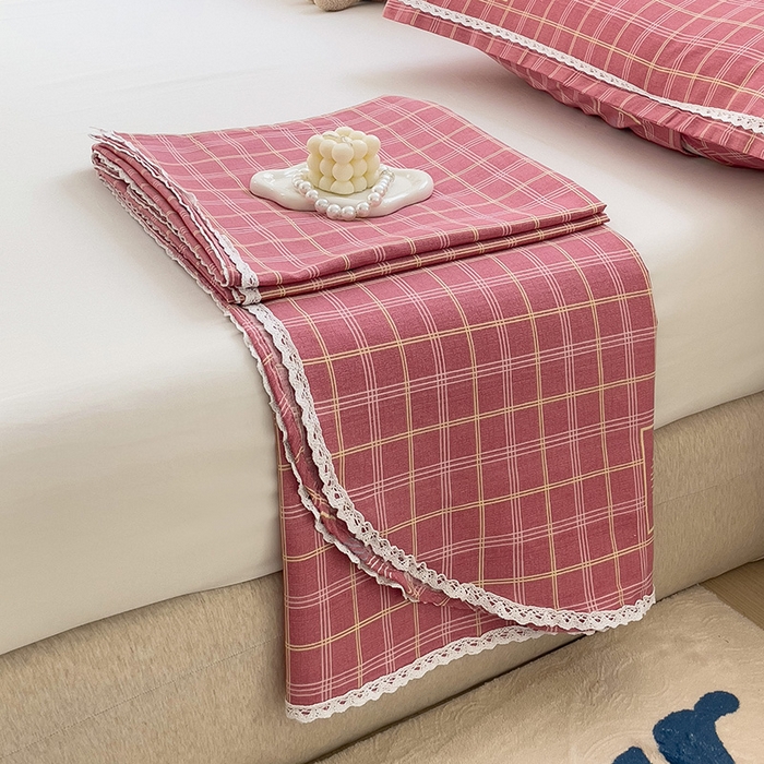 91家纺网 家纺一手货源 找家纺 梵克保罗 2024新款鱼骨棉老粗布凉席花边款床单三件套 格韵-粉