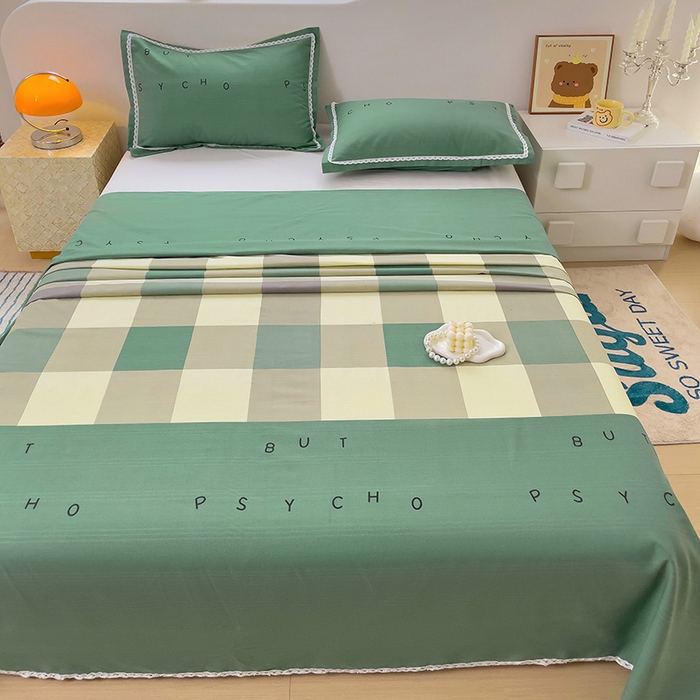 91家纺网 家纺一手货源 找家纺 梵克保罗 2024新款鱼骨棉老粗布凉席花边款床单三件套 宜家-绿