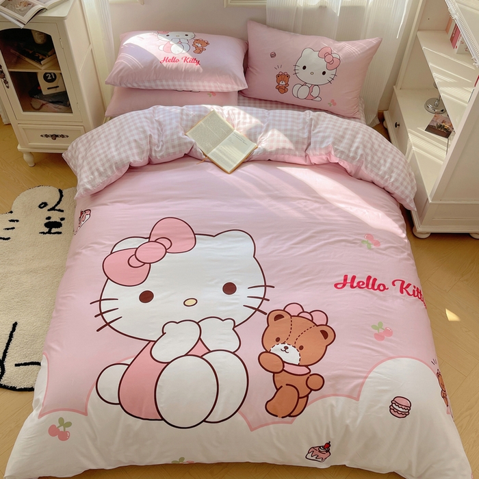 91家纺网 家纺一手货源 找家纺 星座 2025大版全棉三丽鸥四件套 樱桃KT