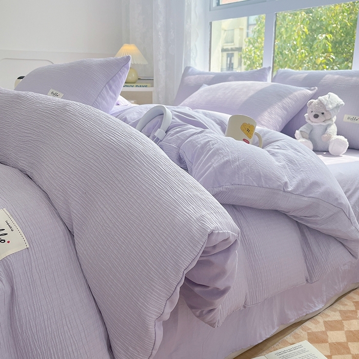 91家纺网 家纺一手货源 找家纺 优选良品 2025新款韩版轻奢皱皱纱水洗棉拼色床单床笠四件套三件套-芋泥紫