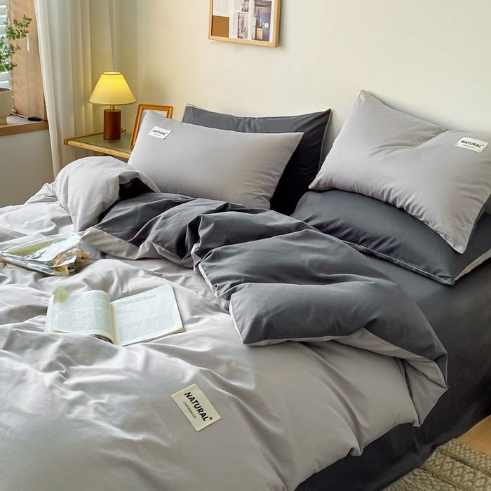 91家纺网 家纺一手货源 找家纺 芊寻家居 2024新款13372全棉纯色四件套无印良品风简约套件 浅灰-深灰