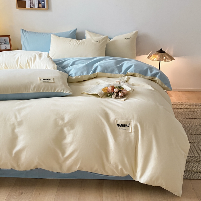 91家纺网 家纺一手货源 找家纺 芊寻家居 2024新款13372全棉纯色四件套无印良品风简约套件 奶白-浅蓝