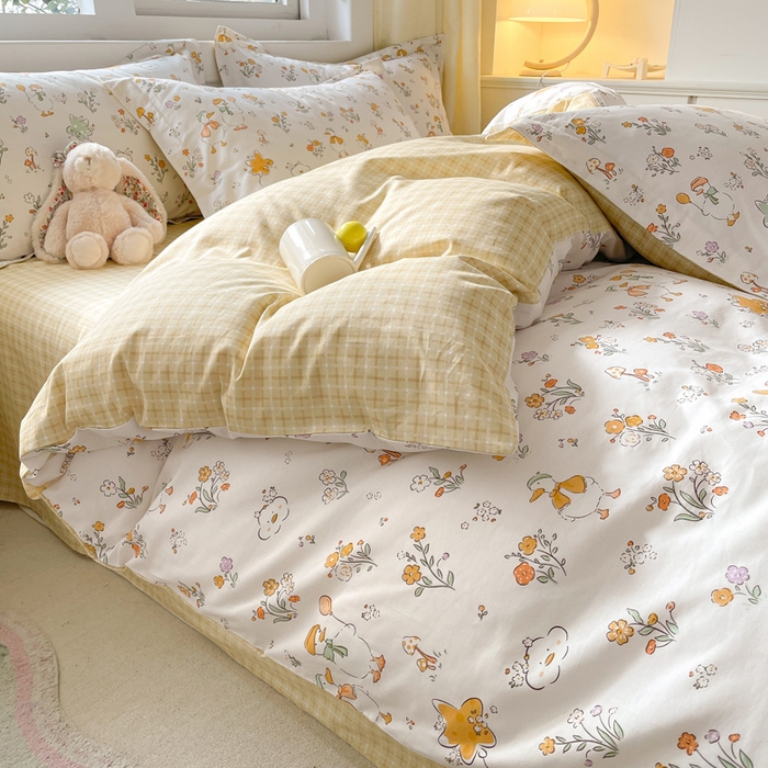 91家纺网 家纺一手货源 找家纺 涵宸家纺 2024新款全棉小清新印花单品套件--单被套 开心鸭