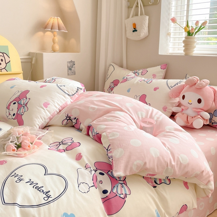 91家纺网 家纺一手货源 找家纺 博雅 2024新款全棉三丽鸥AB版活性印花四件套 樱桃美乐蒂