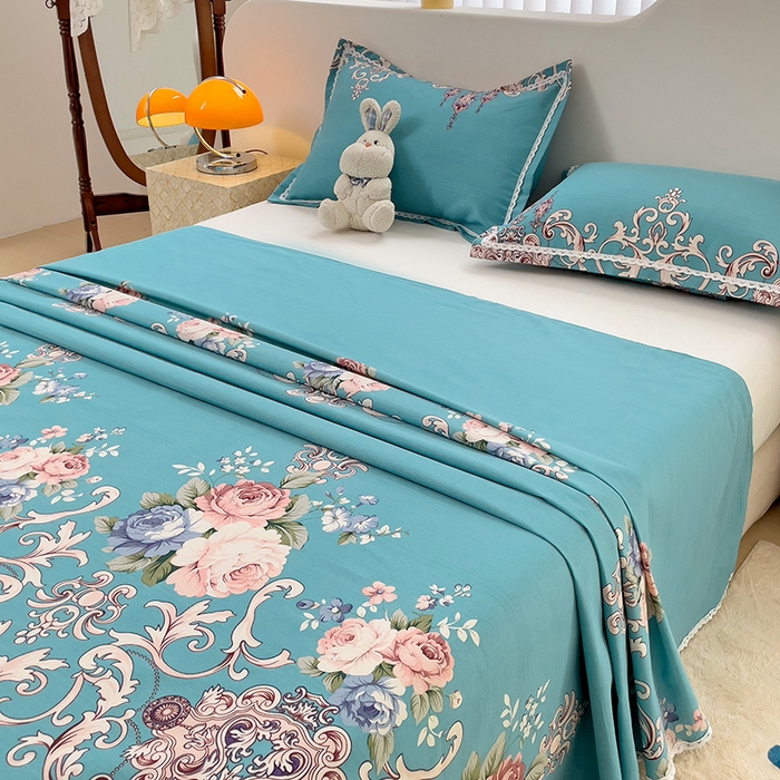 91家纺网 家纺一手货源 找家纺 梵克保罗 2024新款鱼骨棉老粗布凉席花边款床单三件套 欧式风情-蓝