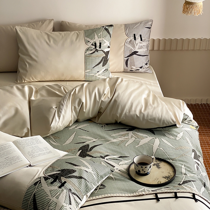 91家纺网 家纺一手货源 找家纺 赫帛 2024新款50s缎纹数码印花长绒棉四件套--竹韵系列 竹韵-绿色