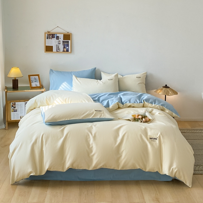 91家纺网 家纺一手货源 找家纺 芊寻家居 2024新款13372全棉纯色四件套无印良品风简约套件 奶白-海青