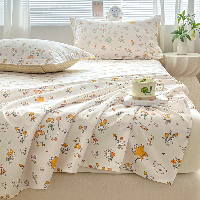 91家纺网 家纺一手货源 找家纺 涵宸家纺 2024新款全棉小清新印花单品套件--单床单 床单-开心鸭