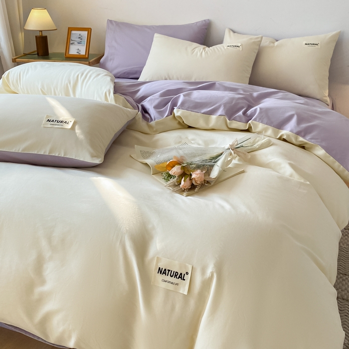 91家纺网 家纺一手货源 找家纺 芊寻家居 2024新款13372全棉纯色四件套无印良品风简约套件 奶白-灰紫