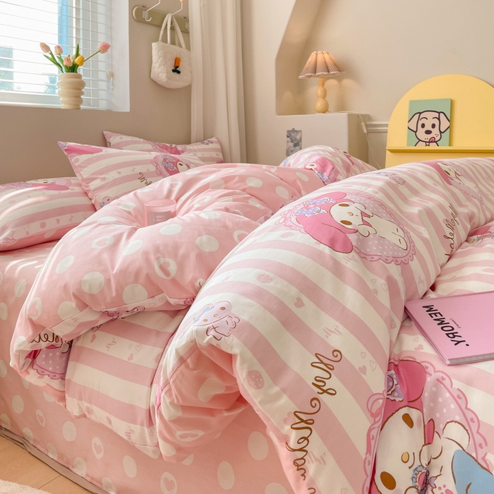 91家纺网 家纺一手货源 找家纺 博雅 2024新款全棉三丽鸥AB版活性印花四件套 甜甜美乐蒂