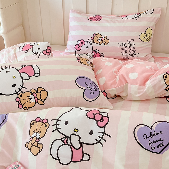 91家纺网 家纺一手货源 找家纺 博雅 2024新款全棉三丽鸥AB版活性印花四件套 小熊kt