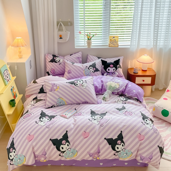 91家纺网 家纺一手货源 找家纺 博雅 2024新款全棉三丽鸥AB版活性印花四件套 条纹库洛米