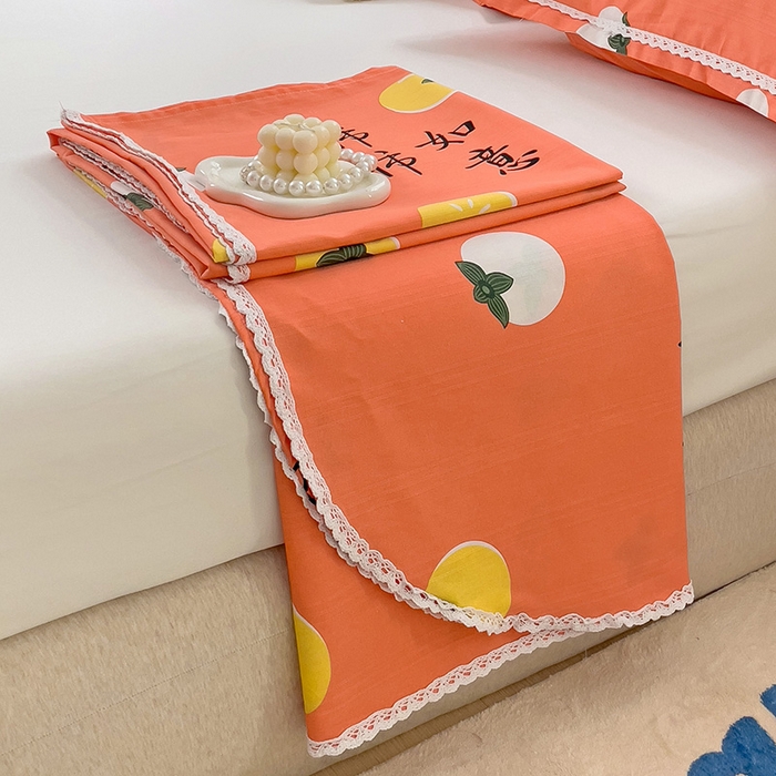 91家纺网 家纺一手货源 找家纺 梵克保罗 2024新款鱼骨棉老粗布凉席花边款床单三件套 柿柿如意-桔