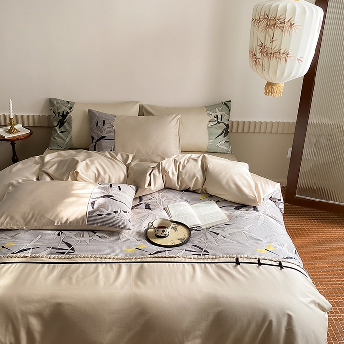 91家纺网 家纺一手货源 找家纺 （总）赫帛 2024新款50s缎纹数码印花长绒棉四件套--竹韵系列