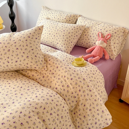 千朵 2024新款全棉双层纱四件套 甜心紫