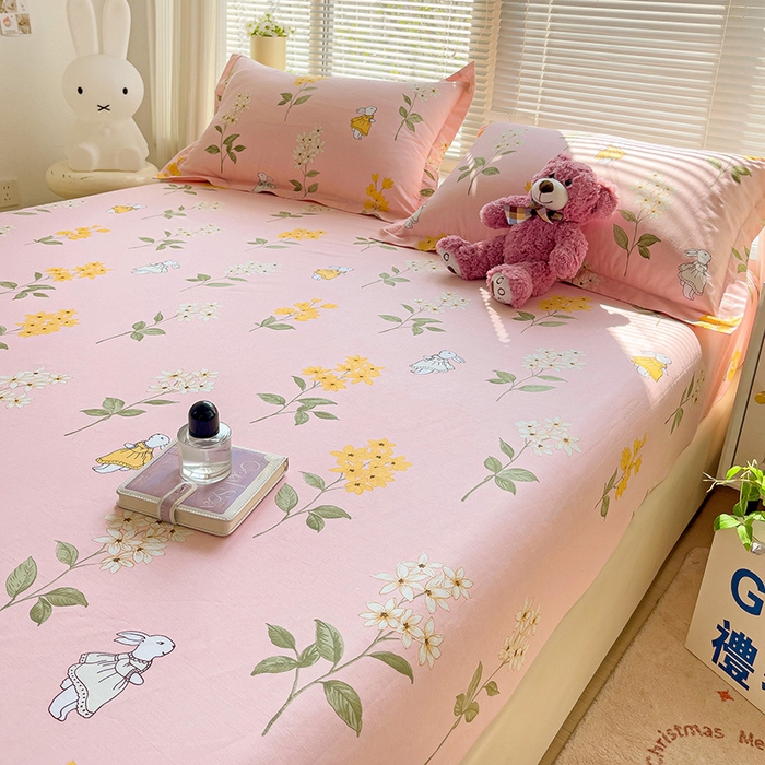 91家纺网 家纺一手货源 找家纺 大柏树 2025新款全棉13376印花四件套系列（可定制）-单床笠 小花兔-粉