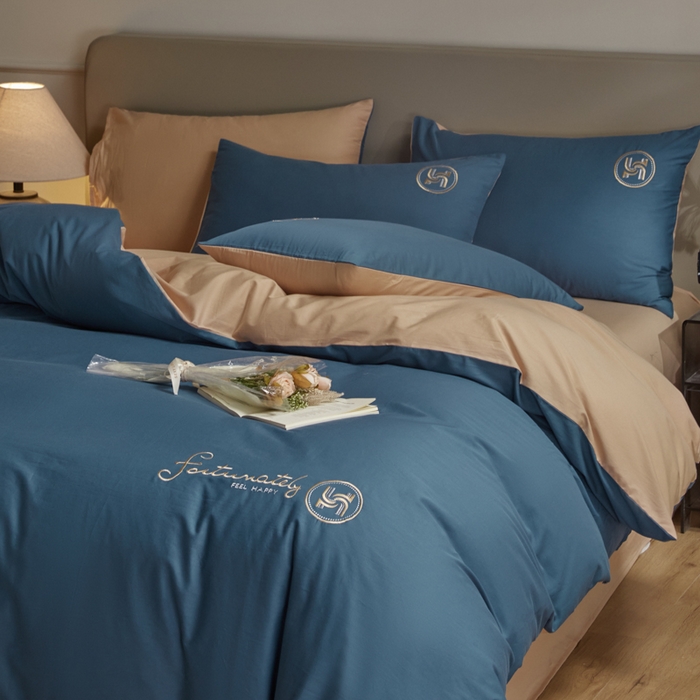 91家纺网 家纺一手货源 找家纺 梵克保罗 2024新款全棉轻奢纯色双拼刺绣四件套 深蓝色