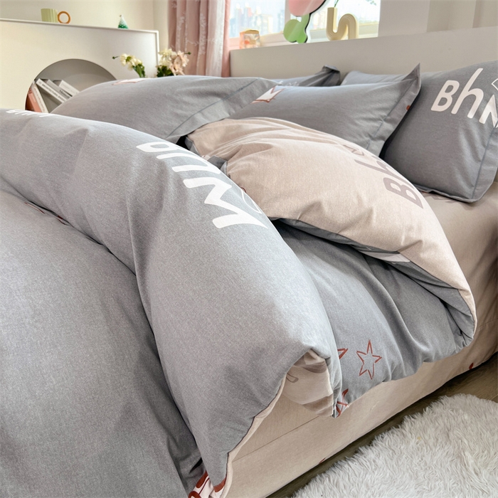 91家纺网 家纺一手货源 找家纺 简约 2025新款全棉四件套活性生态磨毛四件套 小皇冠-米灰