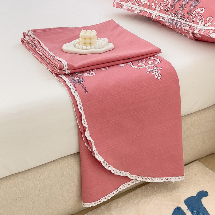 91家纺网 家纺一手货源 找家纺 梵克保罗 2024新款鱼骨棉老粗布凉席花边款床单三件套 欧式风情-粉