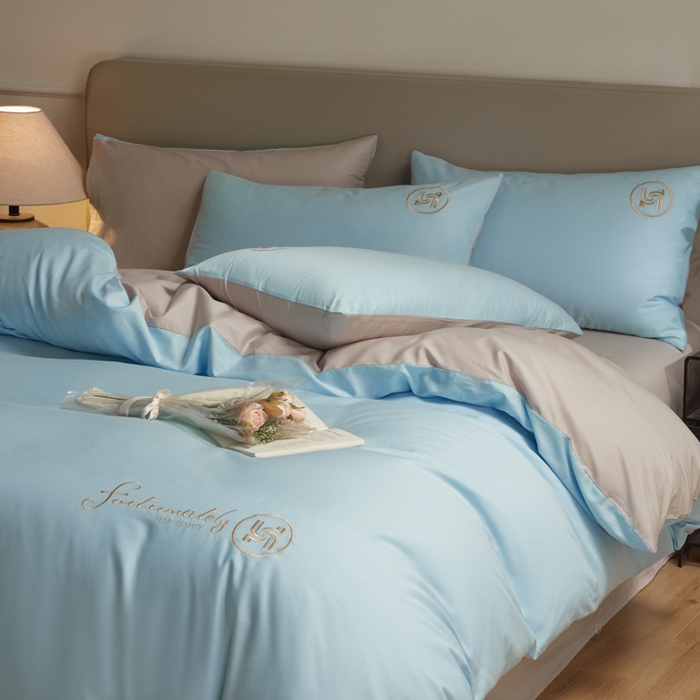 91家纺网 家纺一手货源 找家纺 梵克保罗 2024新款全棉轻奢纯色双拼刺绣四件套 星空灰