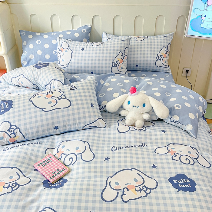 91家纺网 家纺一手货源 找家纺 博雅 2024新款全棉三丽鸥AB版活性印花四件套 小蓝格玉桂狗