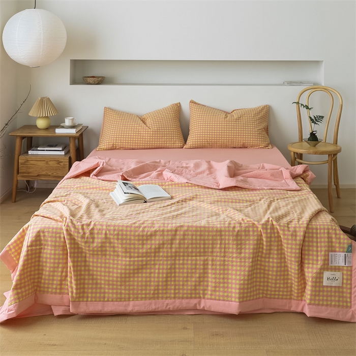 91家纺网 家纺一手货源 找家纺 【直播爆款】24新品A类抗菌全棉色织水洗棉夏被四件套夏凉被空调被-粉黄小格