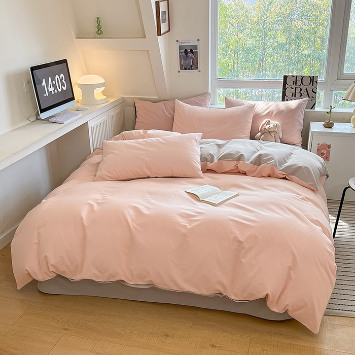 91家纺网 家纺一手货源 找家纺 米粒  2024新款纯色简约双拼磨毛四件套 粉雨+咖