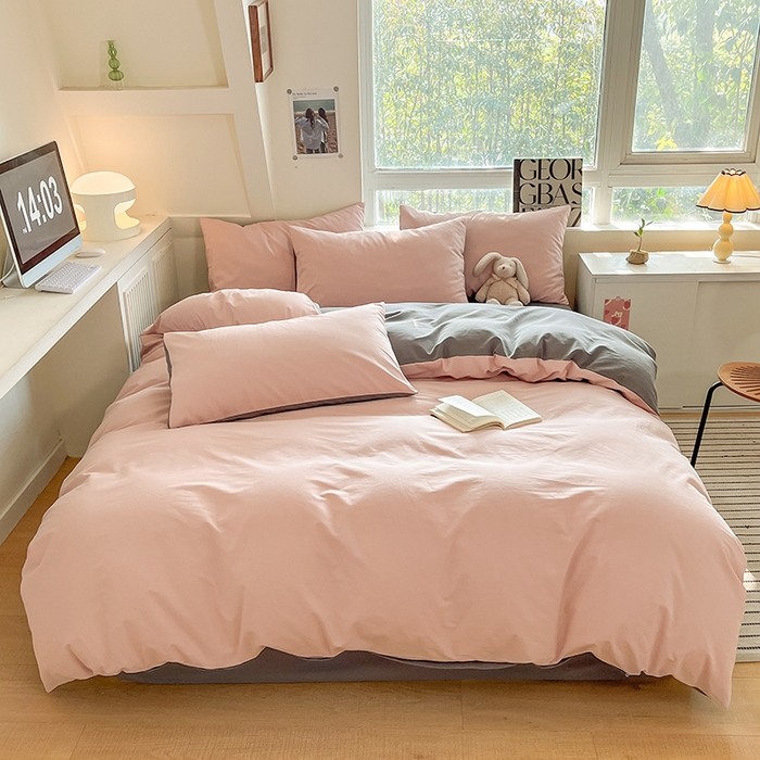 91家纺网 家纺一手货源 找家纺 米粒  2024新款纯色简约双拼磨毛四件套 蔷薇+岩石灰