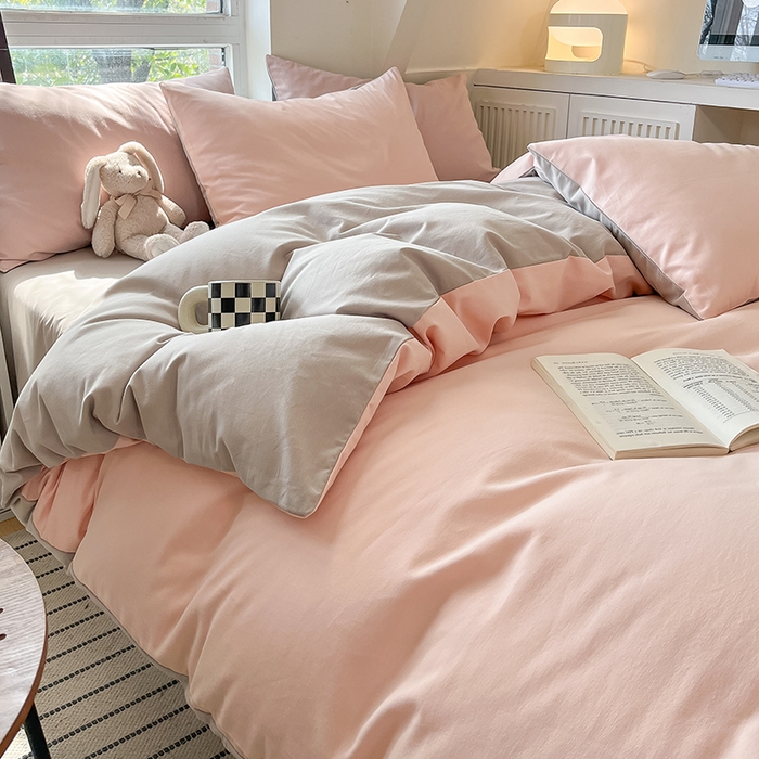 91家纺网 家纺一手货源 找家纺 米粒  2024新款纯色简约双拼磨毛四件套 粉雨+咖