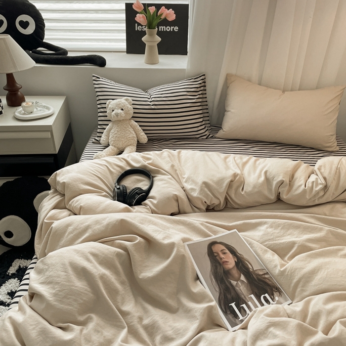 91家纺网 家纺一手货源 找家纺 耀达家居 2024新款ins 纯色双拼条纹水洗棉四件套 奶茶