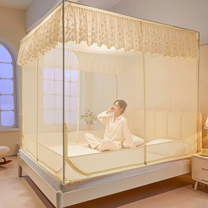 91家纺网 家纺一手货源 找家纺 2024新款方顶坐床绣花蚊帐-郁金香（型号853） 优雅黄