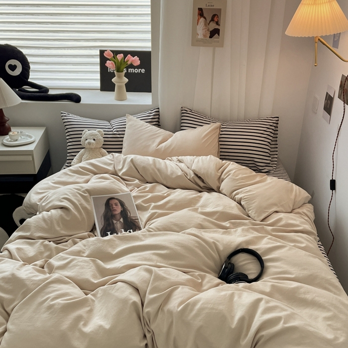 91家纺网 家纺一手货源 找家纺 耀达家居 2024新款ins 纯色双拼条纹水洗棉四件套 奶茶