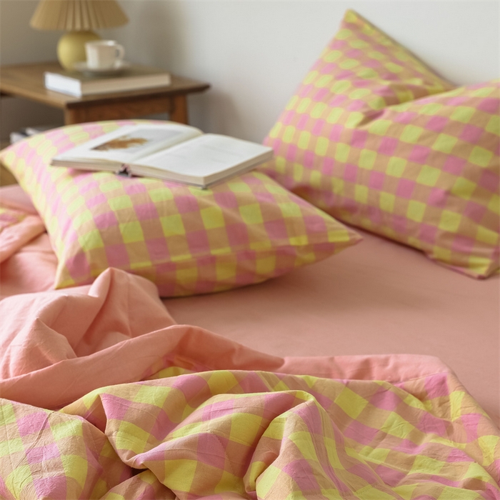 91家纺网 家纺一手货源 找家纺 【直播爆款】24新品A类抗菌全棉色织水洗棉夏被四件套夏凉被空调被-粉黄中格