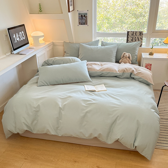 91家纺网 家纺一手货源 找家纺 米粒  2024新款纯色简约双拼磨毛四件套 天蓝+大麦灰