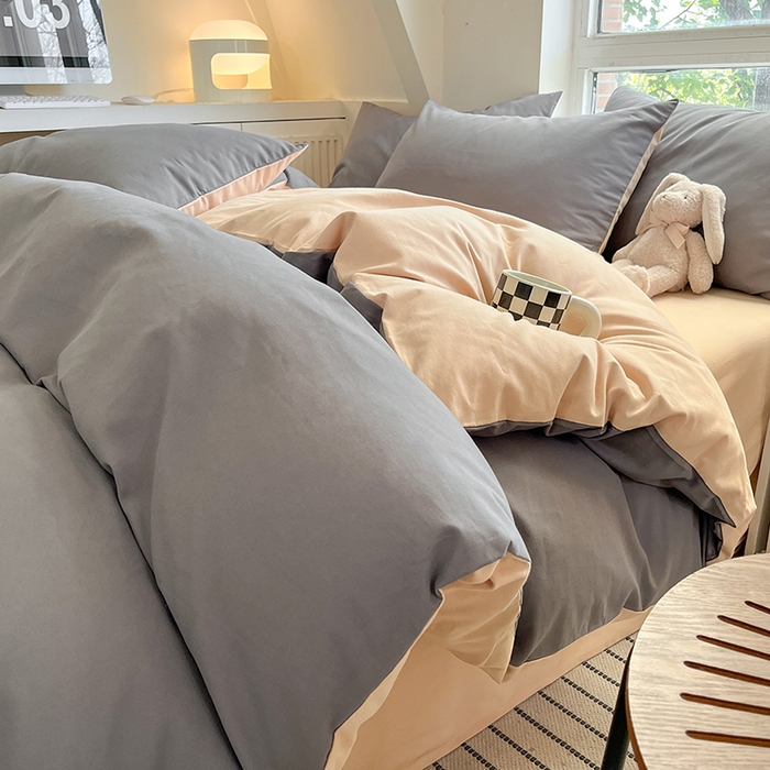 91家纺网 家纺一手货源 找家纺 米粒  2024新款纯色简约双拼磨毛四件套 岩石灰+奶咖