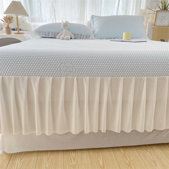 91家纺网 家纺一手货源 找家纺 鑫姿席业 2025新款A类抗菌冰豆豆床裙款凉席-花朵系列 天空蓝